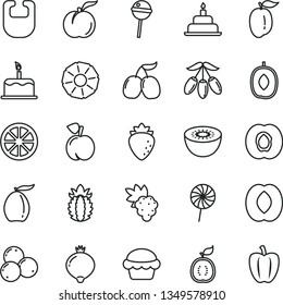 thin line vector icon set - bib vector, birthday cake, Chupa Chups, lollipop, peach, ripe, half apricot, grape, raspberry, medlar, blueberries, tasty cornels, loquat, goji berry, delicious plum