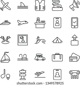 thin line vector icon set - plane vector, car baggage, sail boat, identity card, suitcase, phone registration, departure, credit, tent, pool, aquapark, surfing, photo, access, receptionist, signpost