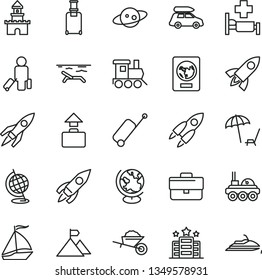 thin line vector icon set - briefcase vector, baby toy train, garden trolley, rocket, globe, saturn, lunar rover, mountain flag, sand castle, car baggage, sail boat, passenger, rolling suitcase
