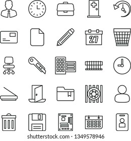 thin line vector icon set - daily calendar vector, wicker pot, bin, graphite pencil, folder bookmark, city block, stationery knife, employee, wall clock, pass card, briefcase, man, watch, scanner