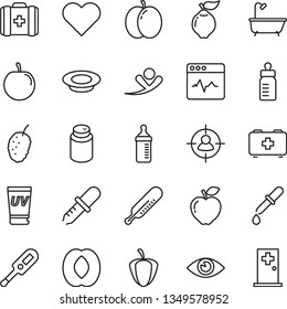 thin line vector icon set - feeding bottle vector, measuring for, powder, electronic thermometer e, mercury, bag of a paramedic, medical, bath, heart, eye, cardiogram, plate milk, apple, quince, red