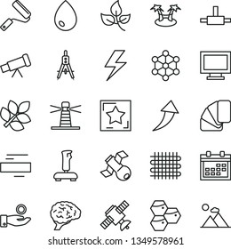 thin line vector icon set - lightning vector, monitor window, calendar, minus, new roller, sample of colour, drop, honeycombs, leaves, weaving, Measuring compasses, lighthouse, catch a coin, connect