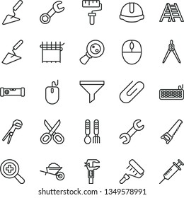 thin line vector icon set - paint roller vector, scissors, zoom, iron fork spoons, garden trolley, trowel, building, adjustable wrench, hand saw, ladder, construction level, helmet, clip, caliper