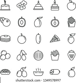 thin line vector icon set - birthday cake vector, sausage, piece of pizza, apple pie, hot porridge, French fries, fried potato slices, popcorn, blueberries, strawberry, pancakes, quince, cornels