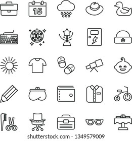 thin line vector icon set - briefcase vector, purse, keyboard, hat, rubber duck, accessories for a hairstyle, cloud, funny hairdo, child bicycle, shoes, warm, portfolio, dangers, calendar, T shirt
