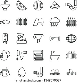 thin line vector icon set - mug for feeding vector, rainy cloud, washbasin, bath, siphon, sewerage, construction level, heating coil, new radiator, faucet mixer, boiler, drop, small fish, slice of