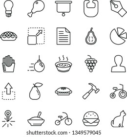 thin line vector icon set - scribbled paper vector, woman, bib, child bicycle, tricycle, big core, hammer with claw, expand picture, move up, burger, pie, apple, a bowl of buckwheat porridge, pear