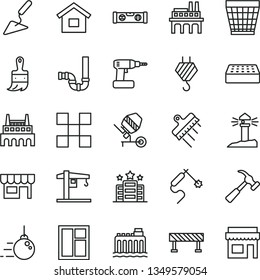 thin line vector icon set - wicker pot vector, crane, dwelling, hook, big core, building trowel, concrete mixer, window, cordless drill, wooden paint brush, siphon, level, tile, brick, spatula