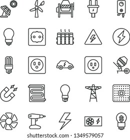 thin line vector icon set - lightning vector, danger of electricity, concrete mixer, drill, bulb, power socket type b, f, heating coil, radiator, boiler, big solar panel, wind energy, light, pole