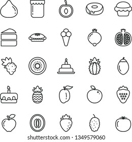 thin line vector icon set - birthday cake vector, piece of, torte, with a hole, pie, cone, jam, strawberry, half pomegranate, grape, red apple, raspberry, fig, medlar, mulberry, melon, ripe plum