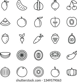 thin line vector icon set - carrot vector, strawberry, cherry, half apricot, tasty apple, raspberry, medlar, water melon, mango, loquat, tangerine, slice of, plum, kiwi, orange, piece coconut