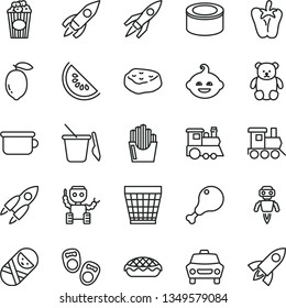 thin line vector icon set - wicker pot vector, tumbler, children's sand set, potty, small teddy bear, funny hairdo, baby toy train, shoes for little children, car, canned goods, apple pie, peper