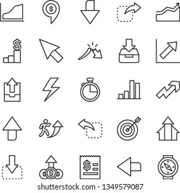 thin line vector icon set - lightning vector, upward direction, downward, left, growth up, chart, upload archive data, timer, put in a box, move down, right, bar, crisis, article on the dollar, pin