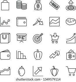 thin line vector icon set - paper bag vector, purse, growth up, line chart, graph, positive histogram, put in cart, with handles, piece of meat, tamarillo, Bell pepper, ripe, coins, a crisis, wallet