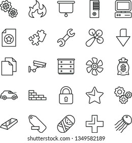 thin line vector icon set - downward direction vector, clean paper, plus, remove label, chest of drawers, baby rattle, tumbler, Puzzle, brick wall, lock, star, marine propeller, gears, retro car