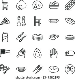 thin line vector icon set - a chair for feeding vector, child, plastic fork spoons, sausage, stick of, piece pizza, Hot Dog, mini, spaghetti, noodles, pie, lettuce in plate, chop, barbecue, japanese