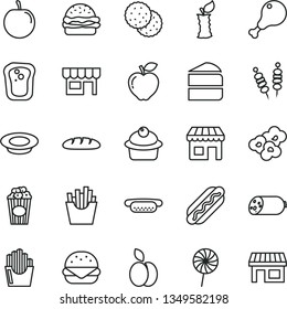 thin line vector icon set - kiosk vector, sausage, loaf, fried vegetables on sticks, Hot Dog, mini, big burger, muffin, piece of cake, a plate milk, chicken leg, lollipop, French fries, popcorn, cup