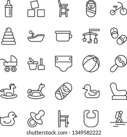 thin line vector icon set - toys over the cradle vector, dummy, measuring bottle for feeding, diaper, bib, beanbag, Baby chair, carriage, rubber duck, duckling, bath ball, children's bathroom, potty