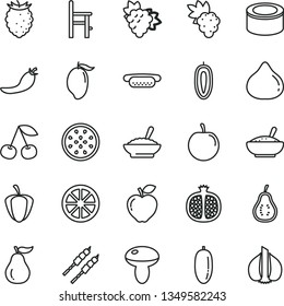 thin line vector icon set - a chair for feeding vector, canned goods, mini hot dog, mushroom, bowl of buckwheat porridge, rice, barbecue, cherry, half pomegranate, grape, branch, red apple, fig