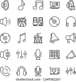 thin line vector icon set - bell vector, desktop microphone, horn, loudspeaker, silent mode, drumroll, drum, headphones, music, volume, no sound, phone call, megaphone, pc card, cd, speaker, note