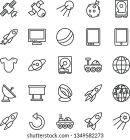 thin line vector icon set - monitor vector, counterclockwise, t short, bath ball, earth, artificial satellite, billboard, space rocket, planet, tablet pc, hdd, antenna, saturn, lunar rover, first