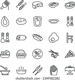 thin line vector icon set - plates and spoons vector, a chair for feeding, plastic fork, iron, sausage, stick of, cheese, piece pizza, mini hot dog, burger, spaghetti, porridge, lettuce in plate