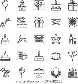 thin line vector icon set - colored air balloons vector, balloon, cake, birthday, gift, torte, Chupa Chups, pumpkin, wall calendar, giftbox, sand castle, wine, champagne, hotel, beach, palm tree