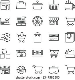 thin line vector icon set - grocery basket vector, bank card, dollar, cubes for children, put in cart, crossed, bag with handles, kiosk, cup of tea, stall, shopping, antique advertising signboard