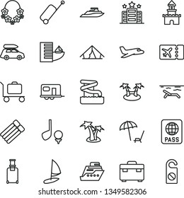 thin line vector icon set - suitcase vector, passport, sand castle, plane, car baggage, camper, rolling, ticket, case, hotel, tent, beach, arnchair under umbrella, palm tree, hawaii wreath, aquapark