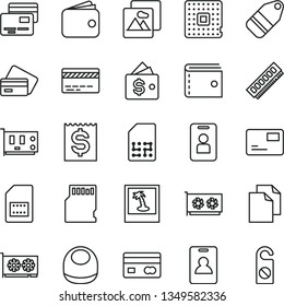 thin line vector icon set - bank card vector, purse, clean paper, baby bib, picture, pass, cards, label, processor, SIM, reverse side of a, financial item, wallet, memory, pc, gpu, sd, identity