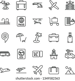 thin line vector icon set - suitcase vector, case, passport, sand castle, helicopter, dollar pin, plane, bus, rolling, ticket, departure, hotel, beach, arnchair under umbrella, palm tree, pool