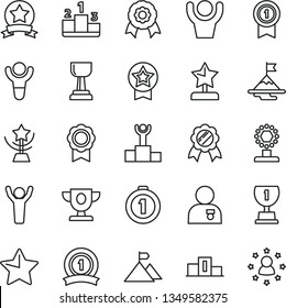 thin line vector icon set - star vector, pedestal, medal, winner, podium, prize, award, cup, gold, reward, man hands up, with, motivation, mountain flag, first place, pennant, ribbon, stars around