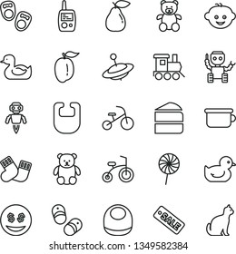 thin line vector icon set - bib vector, baby, rubber duck, duckling, warm socks, toy mobile phone, children's potty, teddy bear, small, train, yule, child bicycle, tricycle, piece of cake