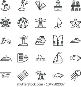 thin line vector icon set - anchor vector, small fish, sea port, lighthouse, coastal, planet, sand castle, sail boat, hotel, beach, palm tree, starfish, flippers, surfing, handwheel, life vest