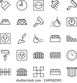 thin line vector icon set - paint roller vector, brickwork, brick wall, big core, building trowel, new, power socket type b, f, tile, ceramic tiles, block, putty knife, spatula, fence, hedge, clock