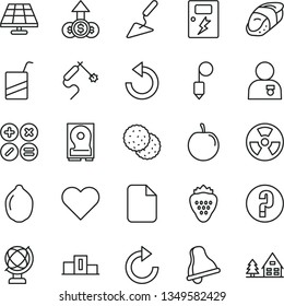 thin line vector icon set - bell vector, clockwise, counterclockwise, question, e, building trowel, plummet, dangers, heart, globe, math actions, sushi, strawberry, biscuit, tasty plum, lime, hdd