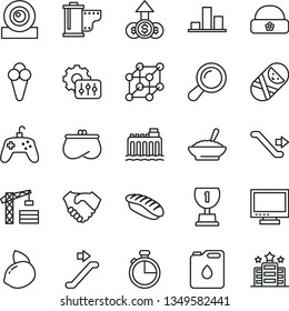 thin line vector icon set - monitor vector, camera roll, tumbler, warm hat, tower crane, timer, a bowl of buckwheat porridge, japanese sushi, cone, yellow lemon, hydroelectricity, canister oil, web