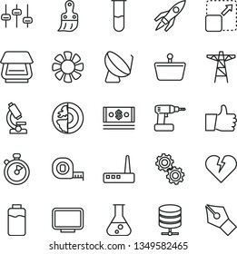 thin line vector icon set - cordless drill vector, measuring tape, plastic brush, broken heart, thumb up, big data server, expand picture, charge level, power pole, satellite dish, shopping basket