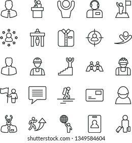 thin line vector icon set - image of thought vector, builder, employee, pass card, operator, folded shirt, racer, woman, man in sight, conversation, scientist, arrow up, winner stairway, hold world