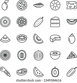 thin line vector icon set - stationery knife vector, piece of cheese, pizza, slices onion, cake, bacon, cucumber, orange slice, water melon, delicious plum, half, kiwi, tamarillo, sour lime, lemon