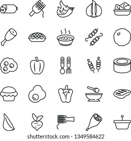 thin line vector icon set - deep plate with a spoon vector, iron fork spoons, sausage, canned goods, fried vegetables on sticks, spaghetti, noodles, cake, apple pie, porridge in saucepan, lettuce