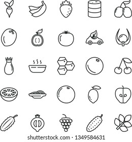 thin line vector icon set - slices of onion vector, hot porridge, cucumber, orange, honeycombs, cherry, large grape, tasty apple, raspberry, rose hip, half medlar, cornels, lemon, bananas, guawa