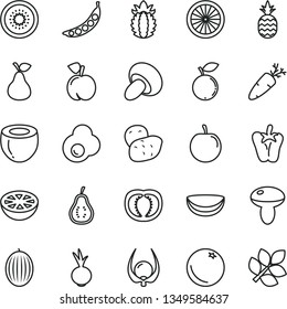 thin line vector icon set - mushroom vector, porcini, peper, beet, carrot, fried egg, a pineapple, pear, orange, peach, blueberry, melon, tasty plum, half of kiwi, piece coconut, ripe, grapefruit