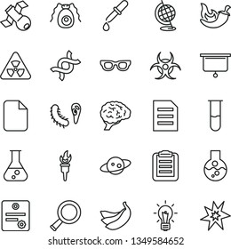 thin line vector icon set - chili vector, bananas, file, flask, test tube, glasses, nuclear, zoom, dna, bulb, brain, satellite, bactery, biohazard, pipette, globe, clipboard, saturn, patente, bang