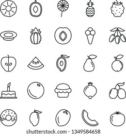 thin line vector icon set - cake vector, glazed with a hole, plate of milk, lollipop, cone, pineapple, orange, pear, tasty apple, plum, medlar, blackberry, blueberry, cornels, slice melon, mango