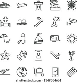 thin line vector icon set - earth vector, plane, train, camper, sail boat, escalator, security gate, passenger, phone registration, departure, arnchair under umbrella, sun, palm tree, cocktail, pool
