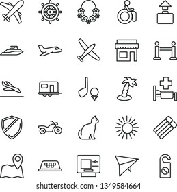 thin line vector icon set - plane vector, camper, taxi, hang glider, motorcycle, rope barrier, baggage, arrival, atm, sun, palm tree, hawaii wreath, hospital bed, disabled, pets, map, shield, store