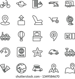thin line vector icon set - car child seat vector, building trolley, map, passport, planet, retro, geolocation, history, globe, lunar rover, helicopter, dollar pin, baggage, camper, air balloon