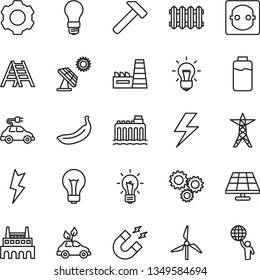 thin line vector icon set - lightning vector, matte light bulb, ladder, new radiator, hammer, banana, charge level, solar panel, big, windmill, hydroelectricity, power line, socket, thermal plant