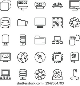 thin line vector icon set - monitor vector, window, folder, big data, server, copy, onion, smd, processor, scheme, notebook pc, fan, power supply, tower, web camera, cd, usb flash, network, coding